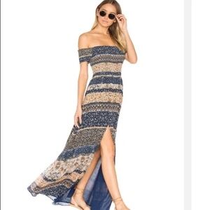 Tularosa Blue and Tan Patterned Off-Shoulder Maxi Dress